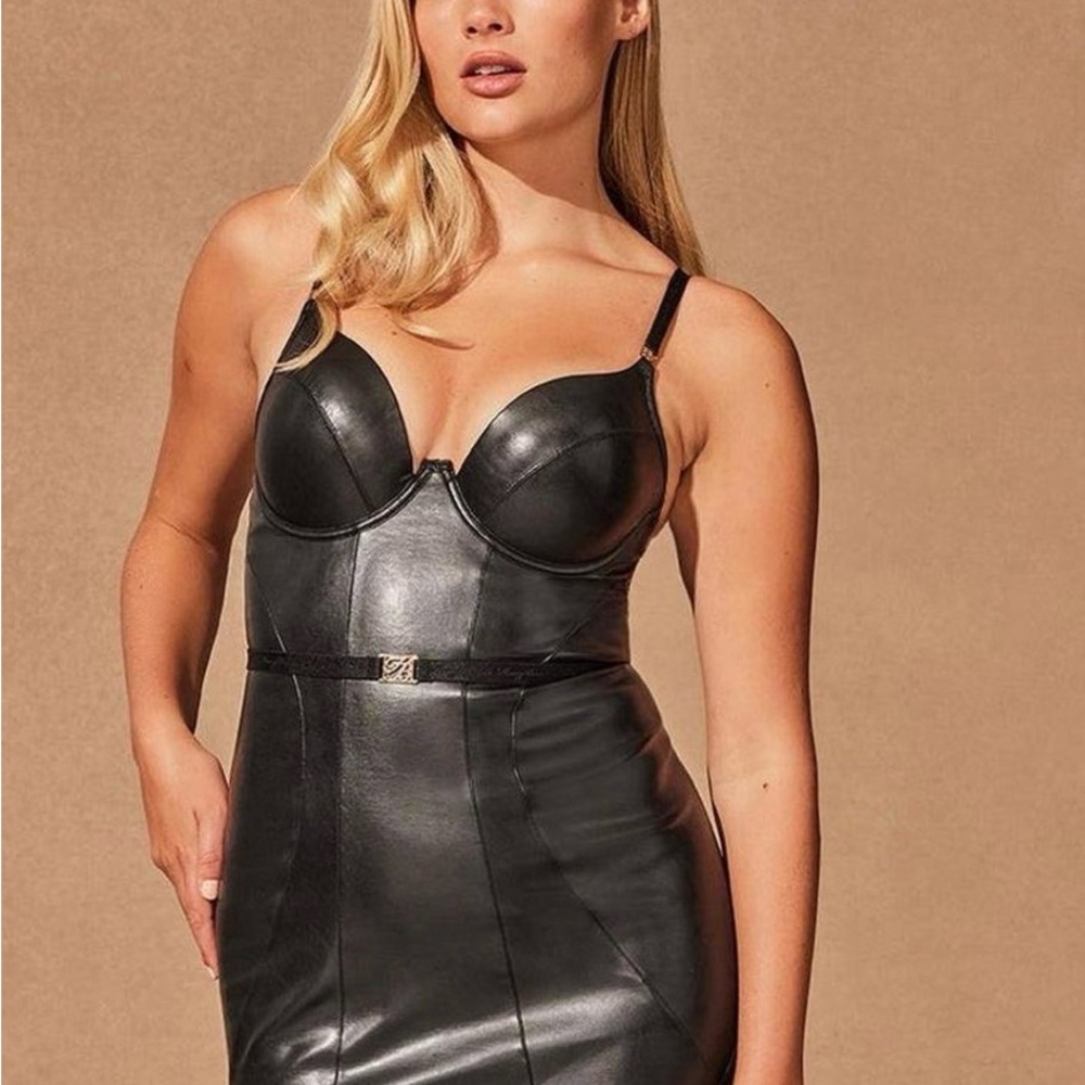 Honey Birdette Bkack Faux Leather Emily Bustier Bodycon Dress